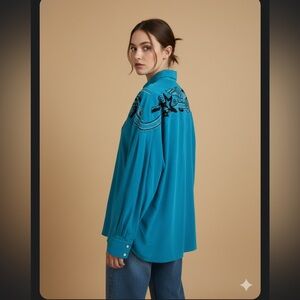 Vintage I.B.Diffusions 100% Silk Button Down Embroidered Beaded Blouse